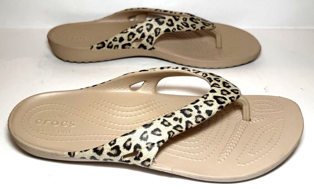 Crocs Kadee II Leopard Flip Flops Women’s 9 Tan Animal Print Sandals